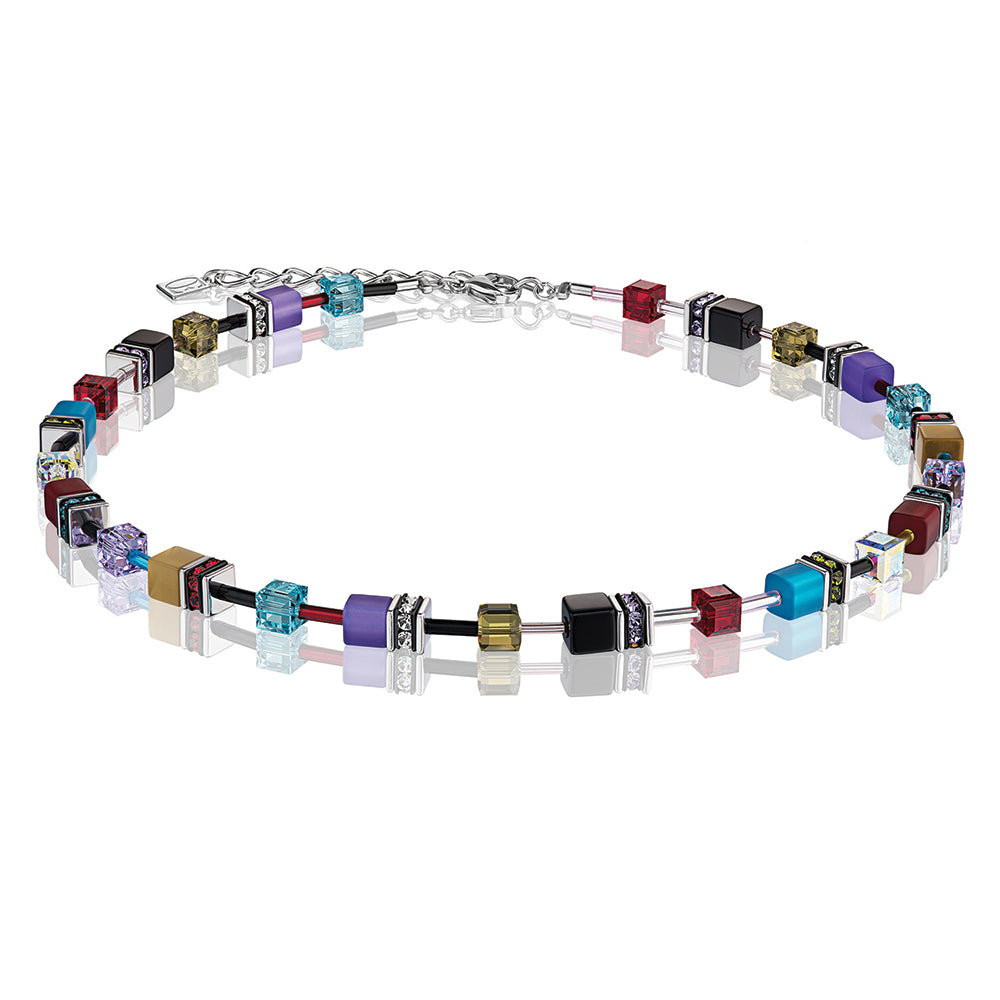 Necklace - CDL - Blue/purple/red geo-cube st/stl with rhinestone, glass, synthetic tigers eye, Polaris & Swarovski crystals