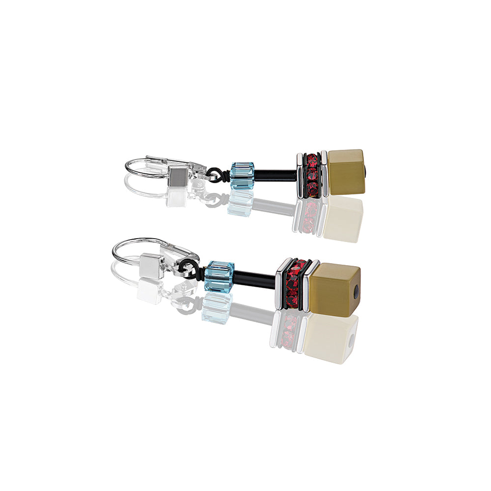 Earrings - CDL - Beige/red/blue geo-cube st/stl with Rhinestone, glass, synthetic Tigers eye, Polaris, Swarovski crystals with sterling silver fittings