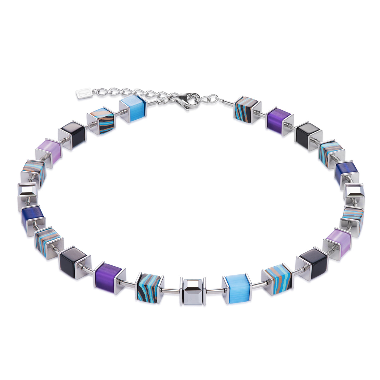 Necklace - CDL - St/sl, Blue/purple geo cube, synthetic Malachite & Tiger eye/Polaris/glass & Swarovski crystals