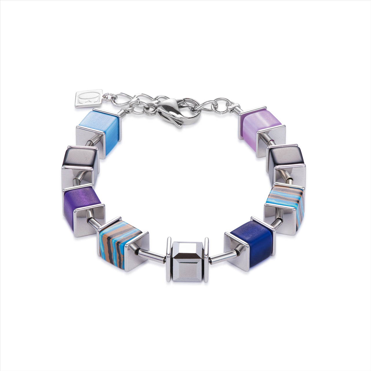Bracelet - CDL - Bracelet st/sl, blue/purple geo cube, synthetic Malachite & tiger eye/Polaris/glass & Swarovski crystals