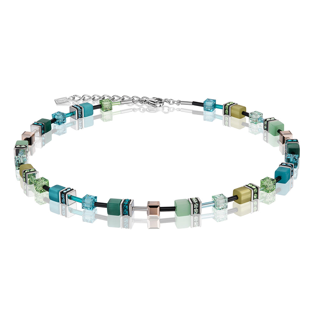 Necklace - CDL green petrol geo-cube St/Sstl Rhinestone, glass, synthetic Tigers eye, Polaris & Swarovski crystals