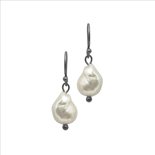 Dansk- Audrey earrings, hematite colour ion plt, baroque fresh water pearls 2cm with surgical steel
