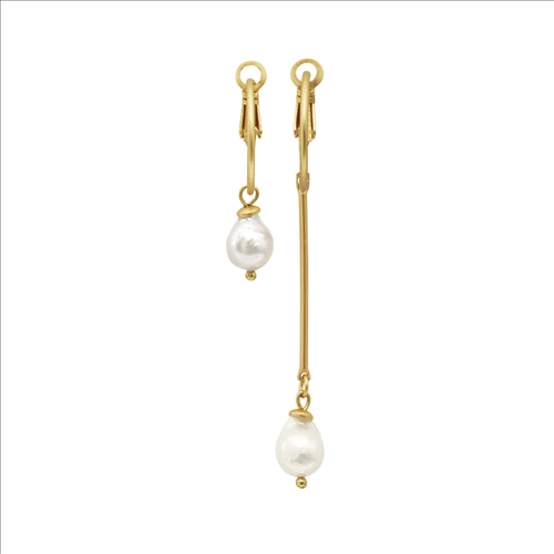 Earrings - Dansk, Audrey asymmetrical earrings, gold colour ion plt, baroque fresh water pearls with surgical steel 3.5cm/7cm