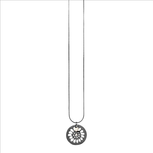 Dansk, Daisy hematite colour ion plated necklace, baroque freshwater pearl, cz,100cm adjustable