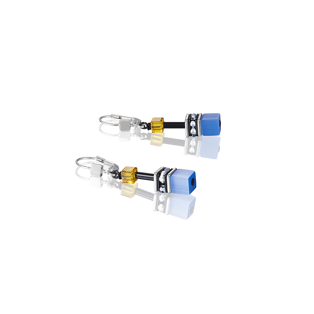Earrings - CDL - St/st, blue/yellow geo-cube with Polaris/Rhinestone/ glass/synthetic Tigers eye & swarovski crystals with sterling silver fittings