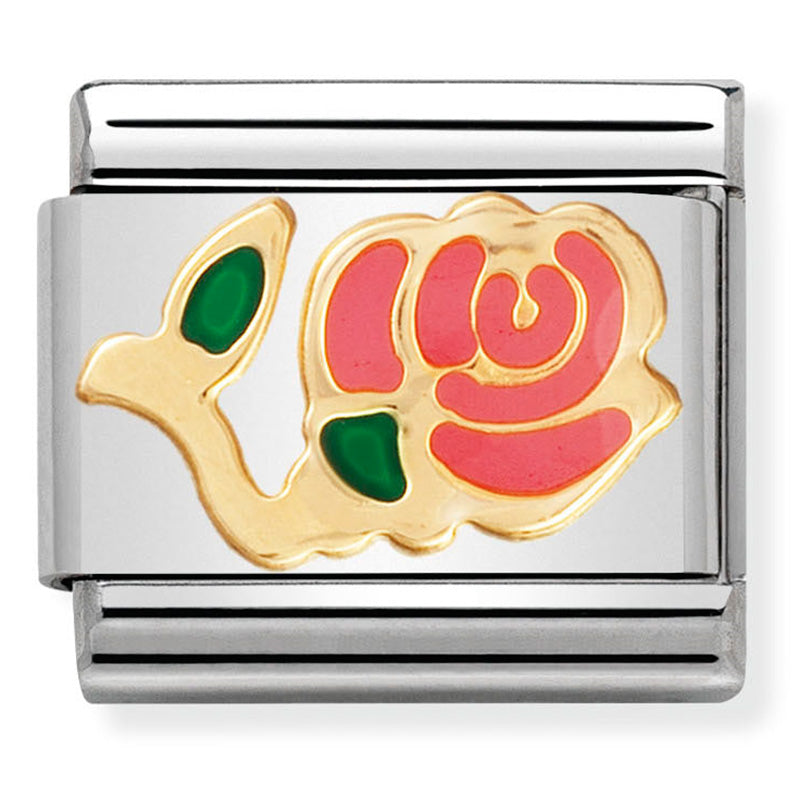 Nomination - classic nature st/steel, enamel & 18ct gold (pink rose)