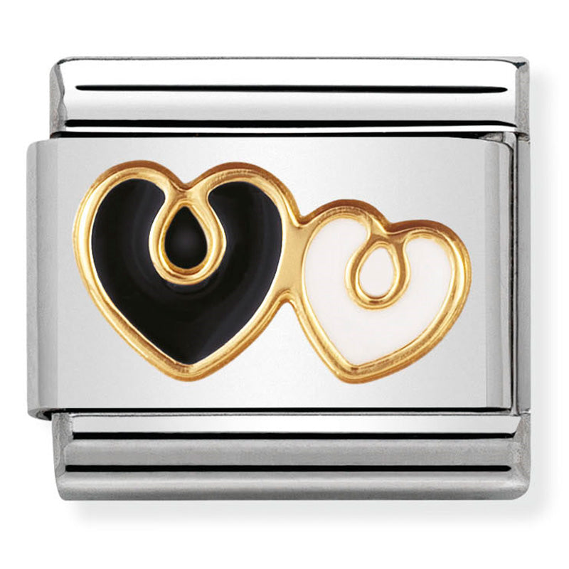 Nominaiton - classic elegance st/steel, enamel & 18ct gold (black & white hearts)