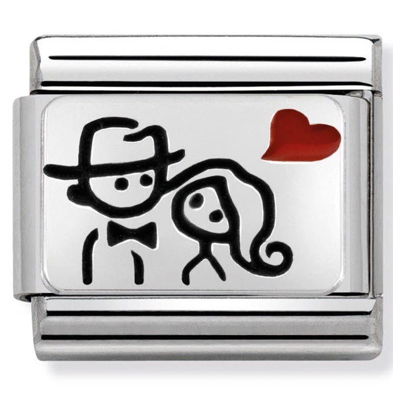Nomination - classic oxidised plates st/steel, enamel & silver 925 (couple with heart)