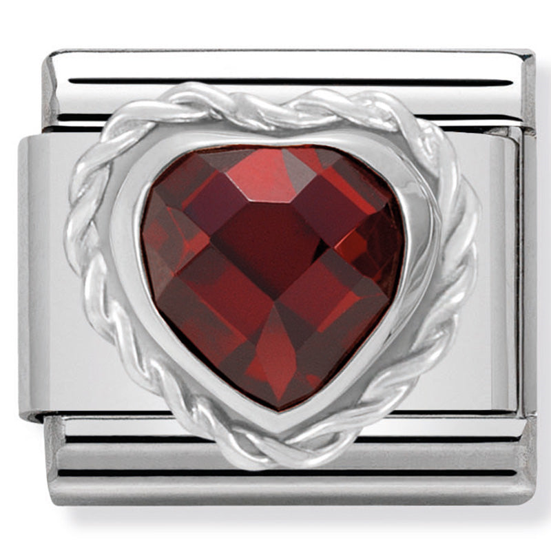 Nomination - classic heart faceted cubic zirconia in stainless steel 925 silver twisted setting (red)