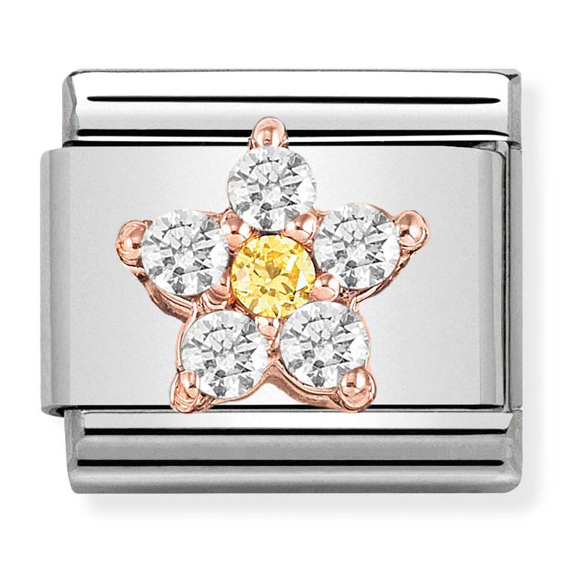Nomination - classic rich st/steel, 9ct rose gold & cubic zirconia (white/yellow flower)