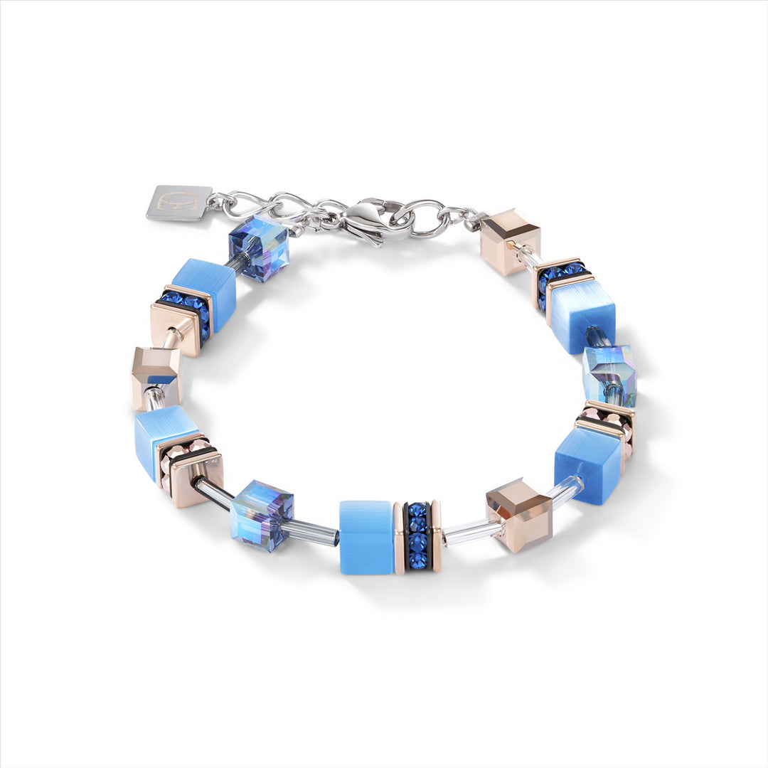 Bracelet - CDL - Blue geo-cube st/stl w/rose gold plate, Rhinestone, synthetic Tiger eye & Swarovski crystals