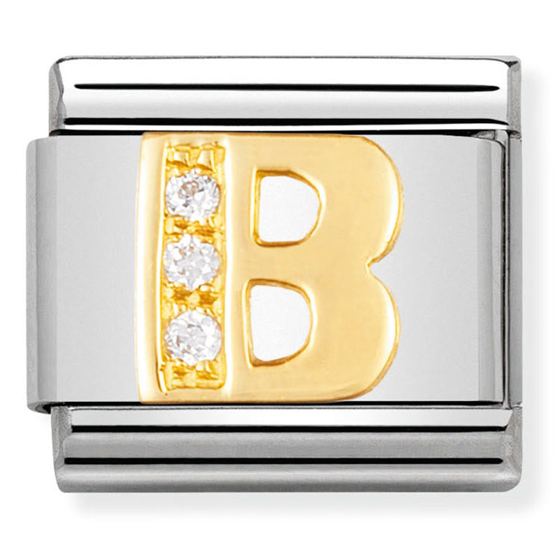 Nomination - classic letters st/steel, 18ct gold & cubic zirconia (letter b)
