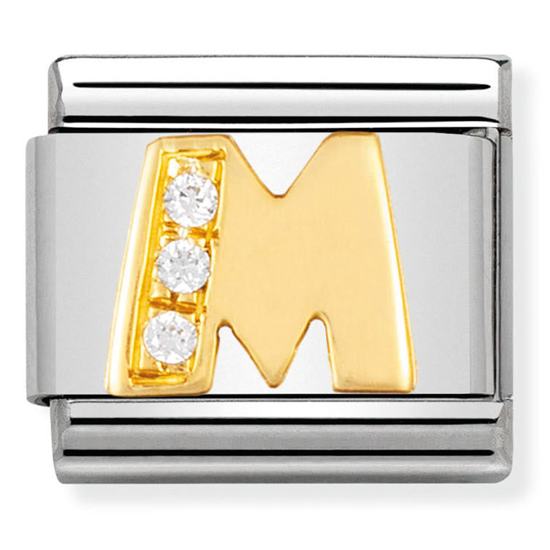 Nomination - classic letters st/steel, 18ct gold & cubic zirconia (letter m)