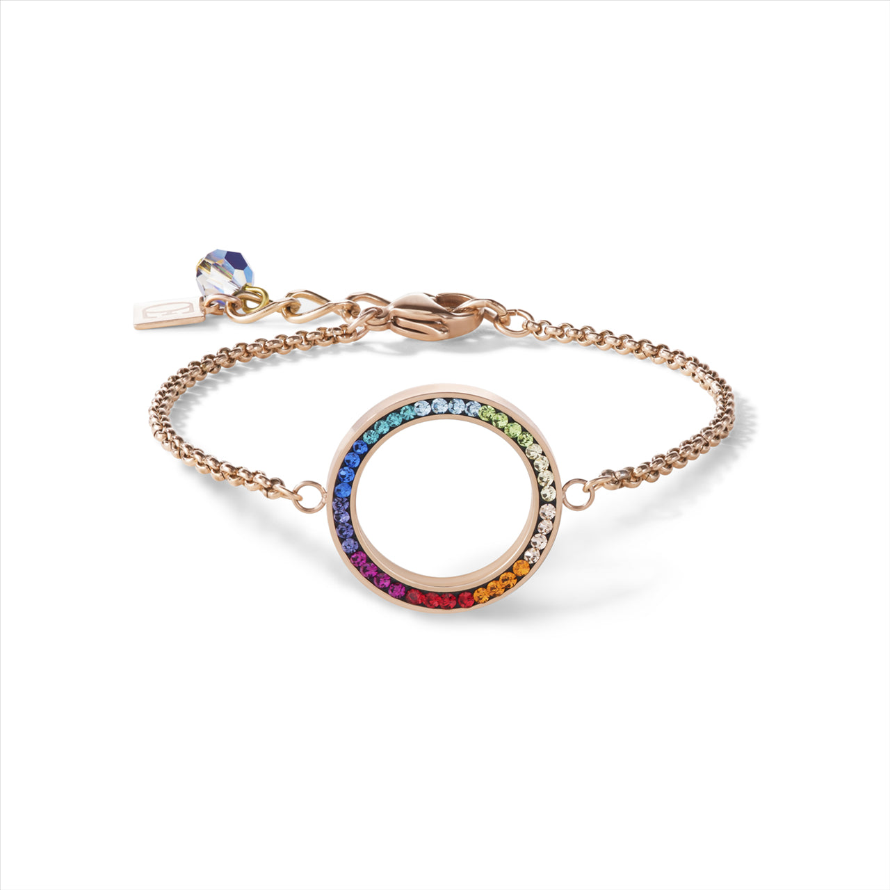 Bracelet - CDL - rose gold stainless steel chain with multi coloured swarovski crystal pendant