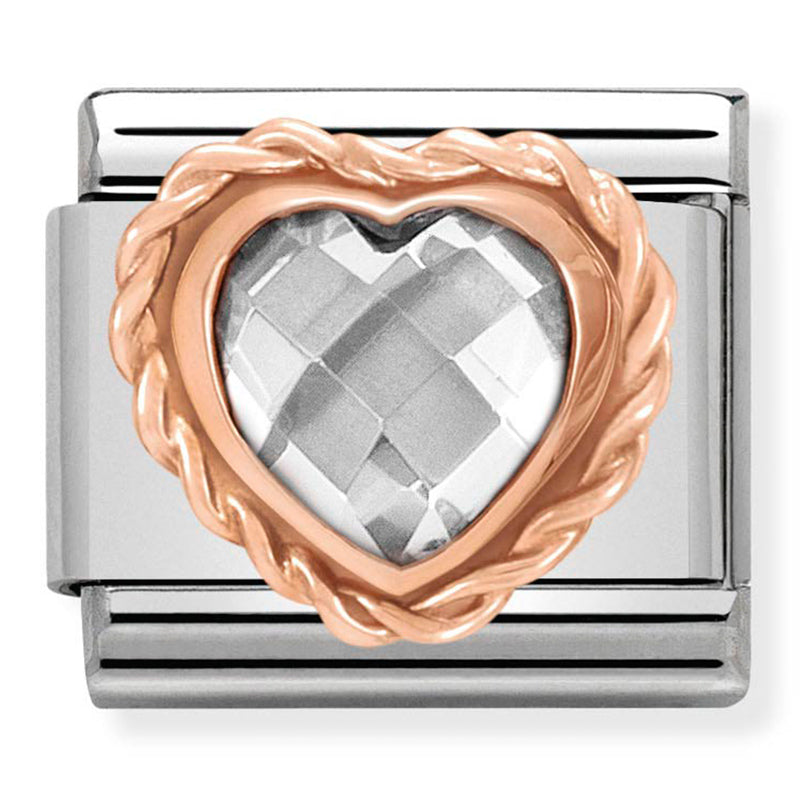 Nomination - classic faceted heart with rich setting in stainless steel & 9ct gold (white)
