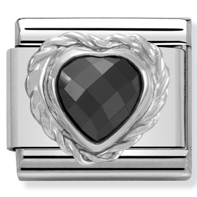 Nomination - classic heart faceted cz in stainless steel 925 silver twisted setting (black)
