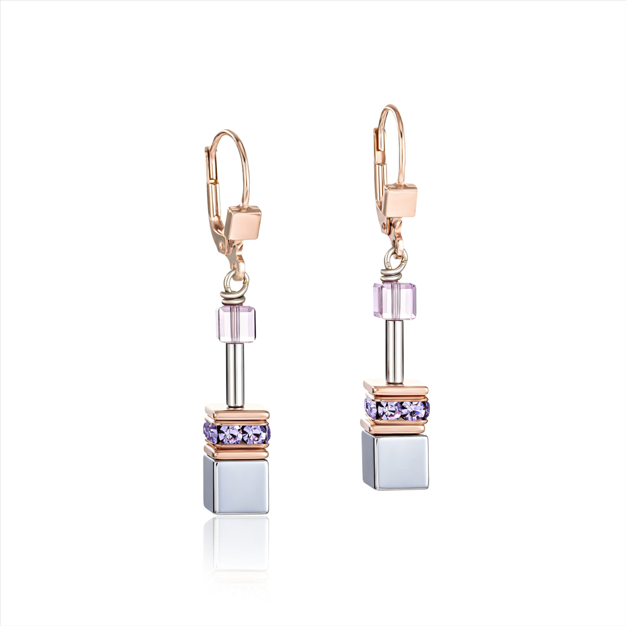 Earrings - CDL - Natural selection-earrings geo-cube rose gold platinum st/stl with Amethyst/ rhinestone, oxide titanium haematite & Swarovski crrystals with sterling silver fittings