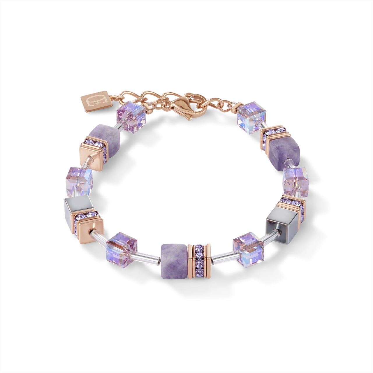 Bracelet - CDL - Natural selection-bracelet geo-cube rose gold platinum st/stl with Amethyst/ rhinestone, oxide titanium haematite & Swarovski crrystals