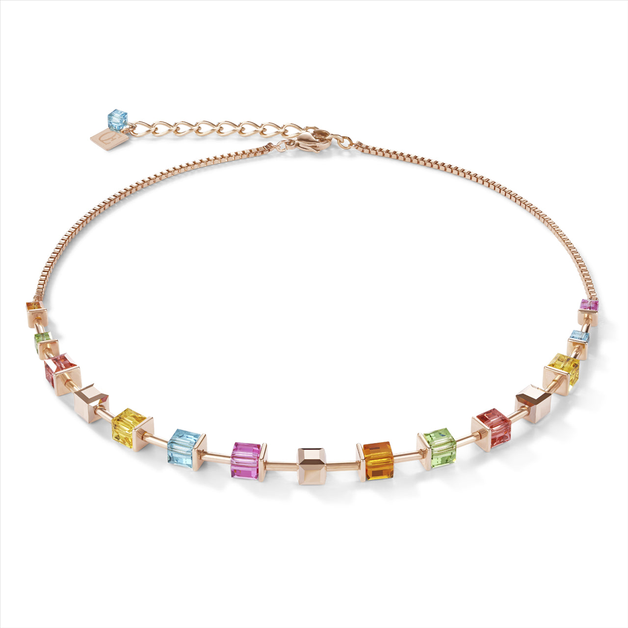 Necklace - CDL - st/st, rose gold plate, with multicoloured & rose gold coloured Swarovski crystals