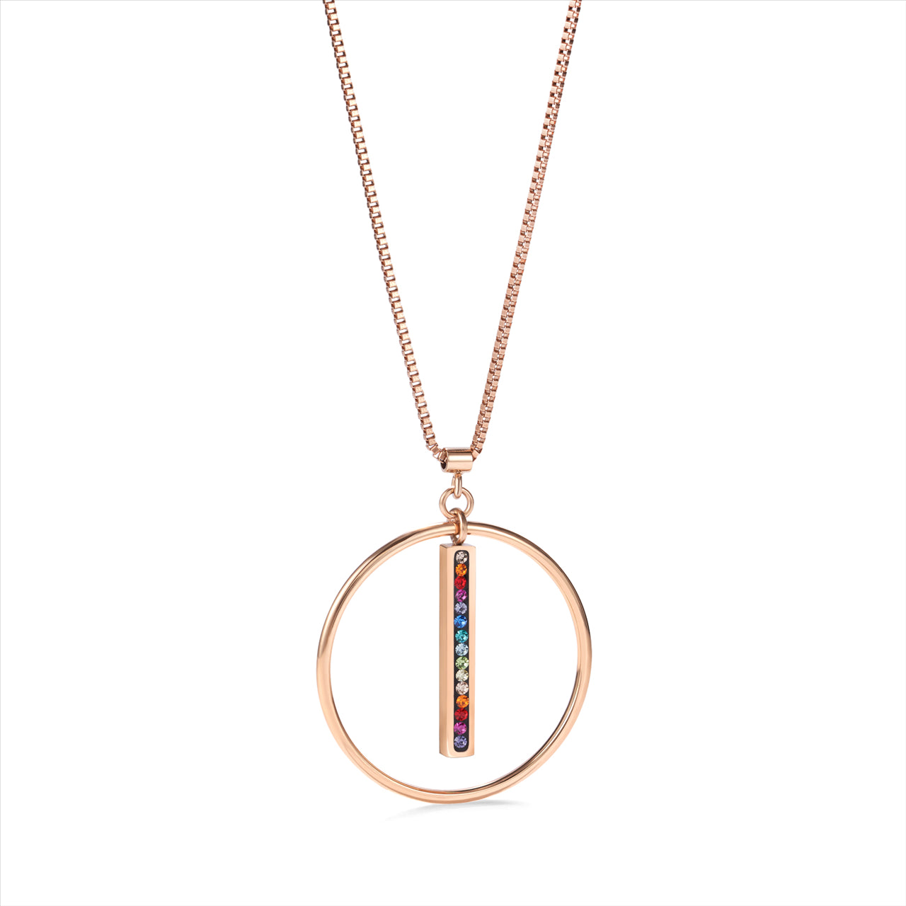 Necklace - CDL - rose gold plated stainless steel chain with multi coloured Swarovski crystal drop surrounded in a circle design pendant