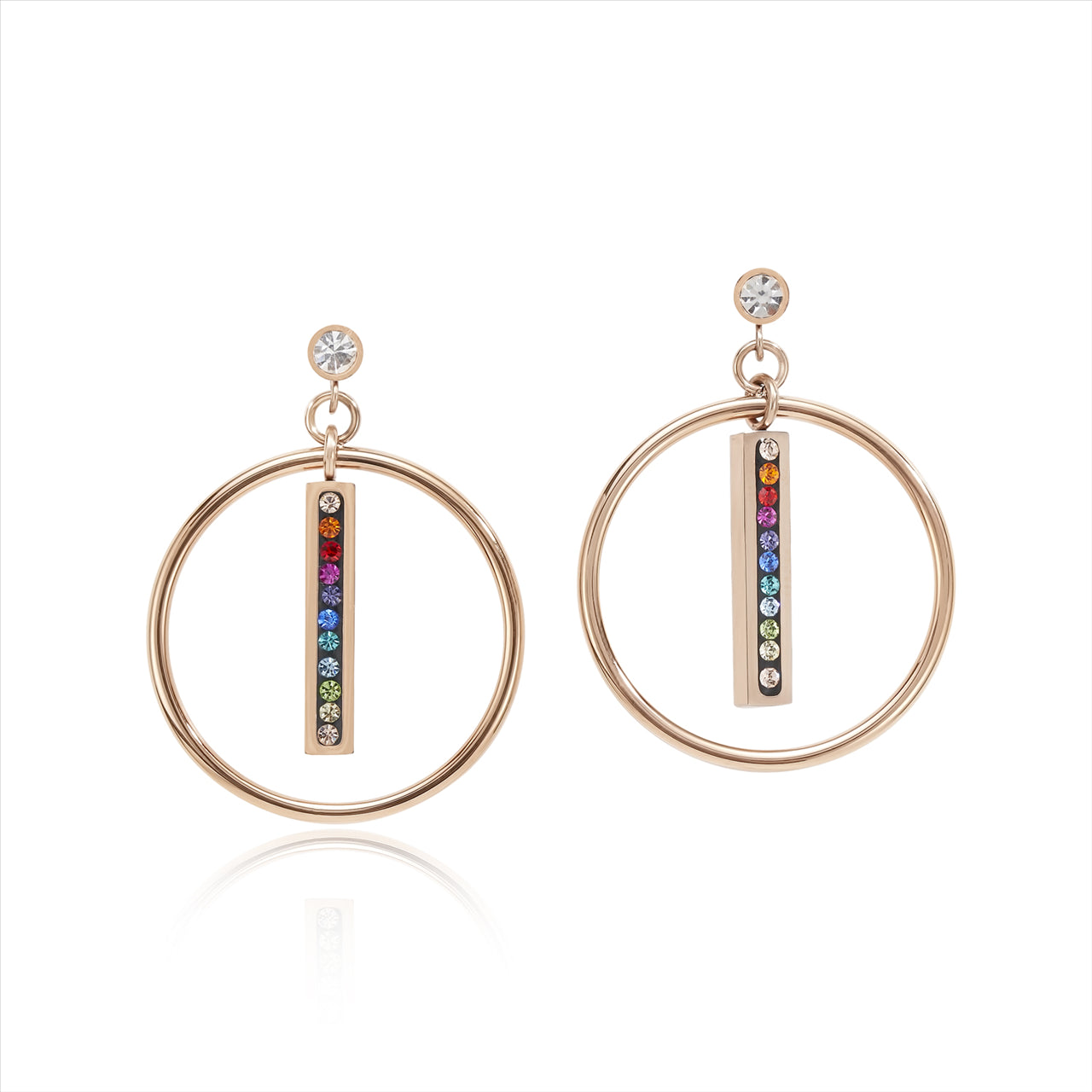 Earrings - CDL - rose gold plated stainless steel with multi coloured Swarovski crystal drop surrounded in a circle design with sterling silver fittings