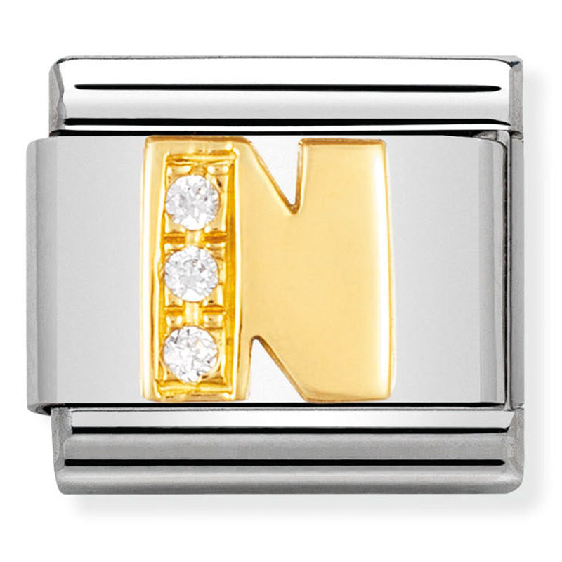Nomination - Classic LETTERS st/steel, 18ct gold & cz (Letter N)