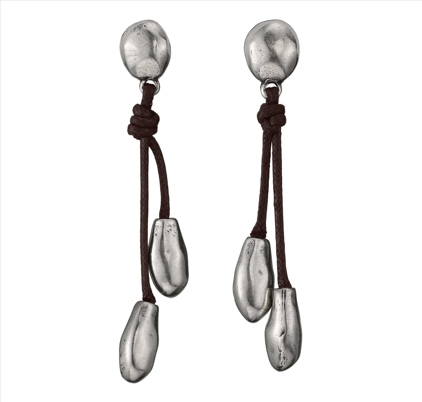 I LIKE YOU DROP BY DROP EARRINGS, Earrings in leather and metal mix plated in 15 micron silver.